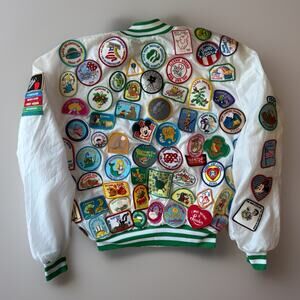 Vintage Girl Scout Bomber Jacket Medium White 80s Made in USA Americana Boho